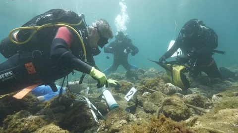 Diver picks up wrapper with bloody knife and puts it in the bag, Ustica, Med sea Stock Footage 124323560