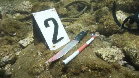 Diver places tool on the seabed for simulating underwater crime, Ustica, Med sea Video stock 124142716
