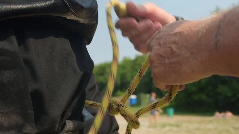 The diver is preparing to dive.Safety cable. Stock Footage 112787568