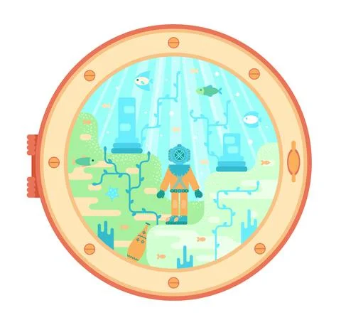 Diver on the seabed among the destroyed columns, vector cartoon illustration Stock Illustration