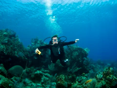 Diver smiling underwater Stock Photos