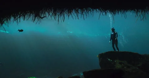 Diver standing on a submerged rock Stock Footage 270149886