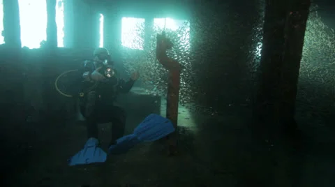 Diver surrounded by shoal of fish inside the ship wreck Stock Footage 22695843