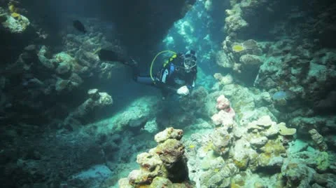 Diver swimming inside the cave under the natural sun light 動画素材 22640975