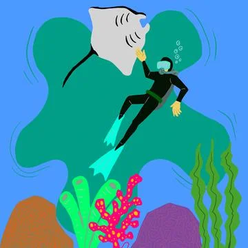 Diver swimming in the sea with stingrays, concept illustration image Stock Illustration