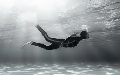 Diver swimming underwater. This is a 3d render illustration Stock Illustration