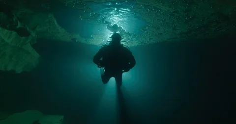 Diver swimming in an underwater cave, Gramat, France Stock Footage 104242598