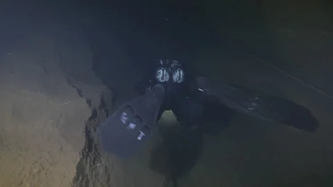 Diver Swims between rocks in The Cave underwater, Risorgenza Amaseno,Italy Stock-Footage 224647643