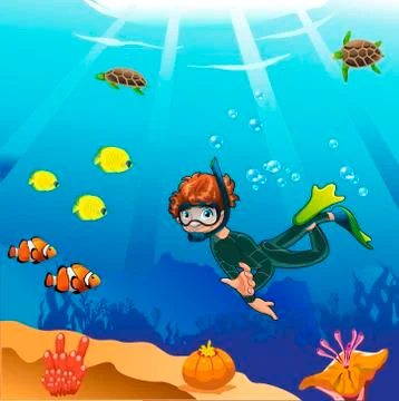 Diver swims in the ocean Stock Illustration