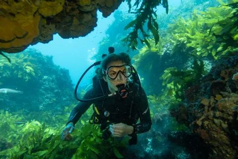 A diver swims through a cavern her eyes light up with excitement. Stock Photos