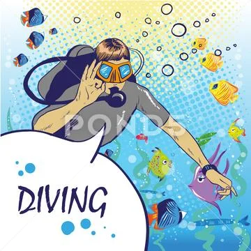 Diver under water with aqualung pop art style vector illustration with fishes Stock Illustration