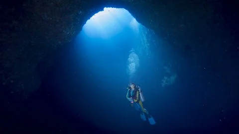 Diver in an underwater cave, ANIMATED STILL PHOTO Stock Footage 80721723