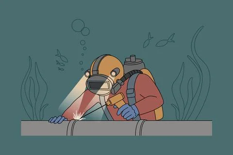 Diver in uniform repair pipe underwater Stock Illustration