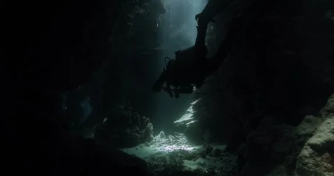 A diver is using a small camera to film the subaquatic environment Stock Footage 269884126