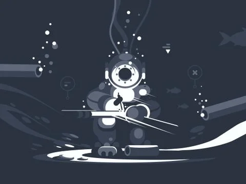 Diver welder at bottom repairs pipe Stock Illustration