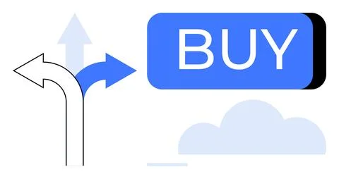 Diverging arrows pointing in different directions with a prominent blue Buy b Stock Illustration