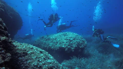 Divers around a ghost fishing net off Sardinia Stock Footage 131048853