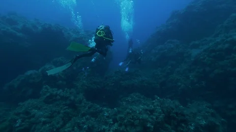Divers with bubbles swim on the rocky seabed, Ustica, Mediterranean sea Stock-Footage 125952657