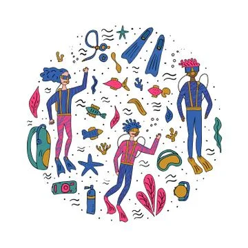 Divers with equipment and underwaters elements set. Round composition in dood Stock Illustration
