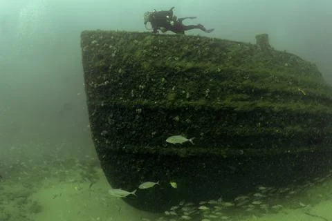 Divers exploring a ship wreck in Jupiter, Florida, USA 스톡 사진