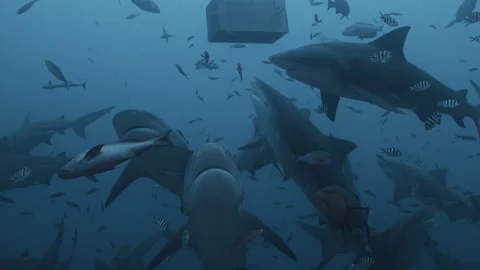 Divers feed school of sharks Carcharhinus leucas in underwater marine wildlife Video stock 289093147
