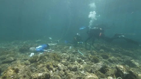 Divers recover objects used for simulation of underwater crime, Ustica, Med sea Stock Footage 126989873