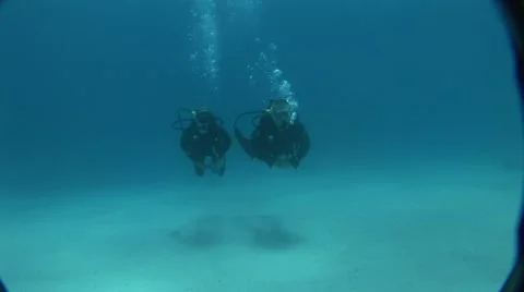 Divers Swim above Camera Stock Footage 5251760