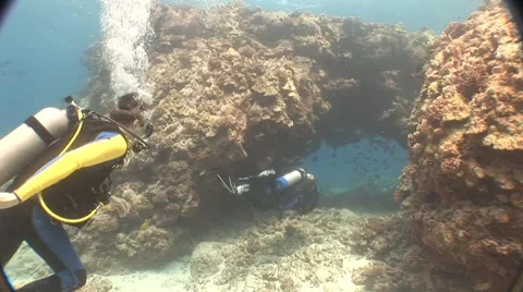 Divers swim through Arches Stock Footage 5251822