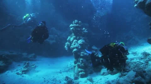 Divers swimming inside the cave under the natural light Vídeos de archivo 22640156