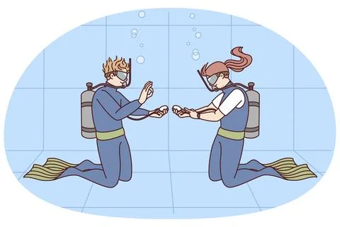 Divers in uniform in swimming pool. Man and woman diving underwater with tubes Stock Illustration
