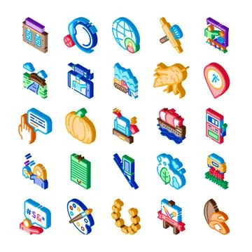 Diverse 3d isometric icons representing various concepts illustration Stock Illustration