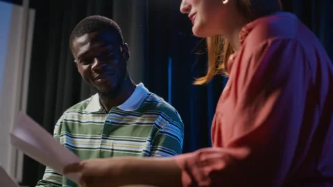 Diverse Acting Students Rehearsing Script in Theater Class Stock Footage 344519234