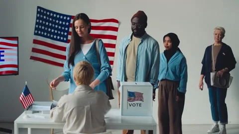Diverse Americans Queuing for Ballots at Polling Station Stock Footage 244820450