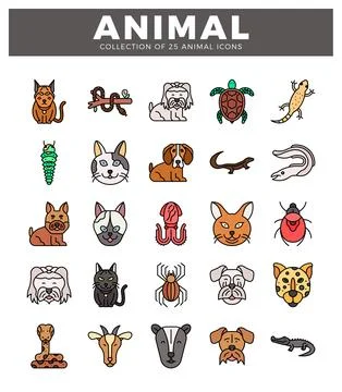 A diverse animal icons with flat. colorful illustrations on a white backgroun Stock Illustration