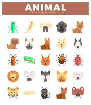Diverse animal icons with flat vector art. Includes mammals. insects. repti.. Stock Illustration