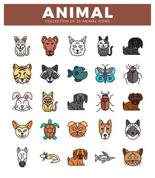 Diverse animal icons in flat vector style. isolated on a white background. Stock Illustration