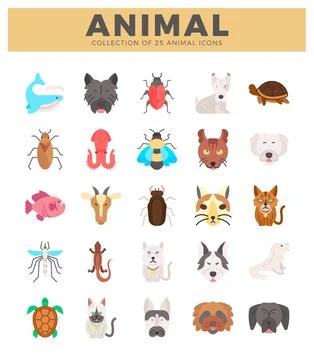 Diverse animal icons presented as flat vector illustrations on a white back.. Stock Illustration