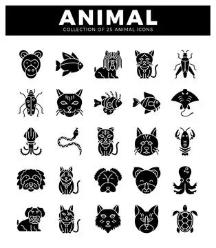 Diverse animal icons with solid black fill on white background. presented i.. Stock Illustration
