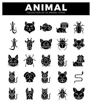 Diverse animal icons in solid black silhouette style on a white background. Illustrazione stock