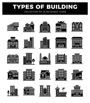 Diverse architectural building icons displayed on a white background Ilustración de archivo