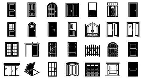 Diverse architectural door icon collection set for building construction Stock Illustration