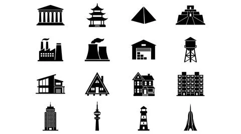 Diverse architectural structures collection black silhouette icon vector set Stock Illustration