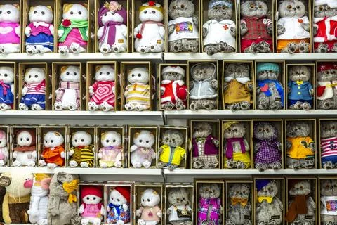 Diverse array of cat plush toys dressed in various vibrant outfits neatly lin Stock Photos