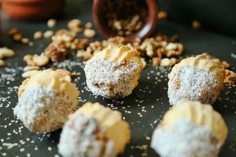 Diverse Array of Food Arranged on a Table Foto stock