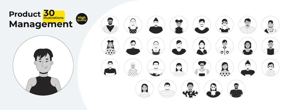 Diverse avatars in circular frames outline illustrations mega bundle Illustrazione stock