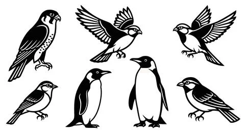 Diverse Bird Collection: Falcon, Sparrows, and Penguins - Vector Art Ilustración de archivo