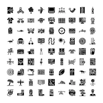 Diverse black and white icon collection representing technology and nature Stock Illustration