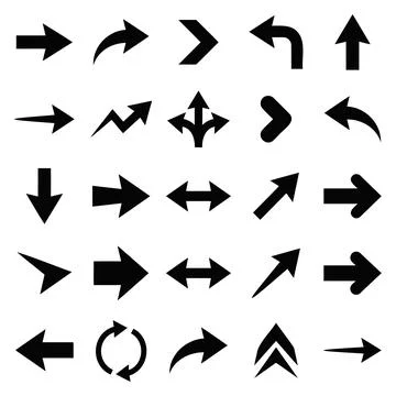 Diverse black arrow silhouettes vector set on white background Stock Illustration