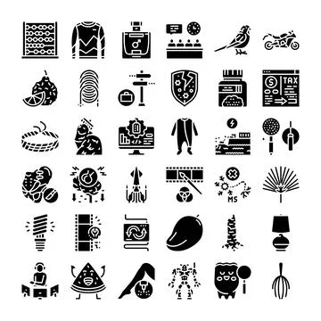 Diverse black glyphs creating various icon set Stock Illustration