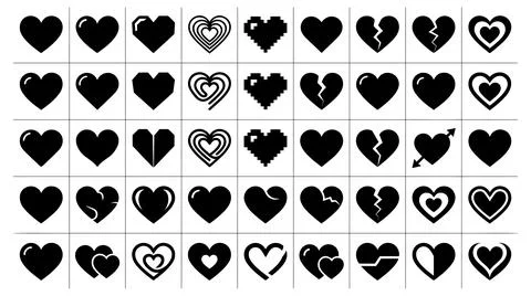 Diverse black heart icon set collection for graphic design projects 库存插图